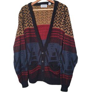 Vintage 1990s Sweater Graphix Cardigan Sweater Men L V Neck Geometric Grandpa